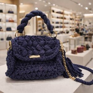 🌸Handwoven Navy Crochet Top-Handle Shoulder Bag